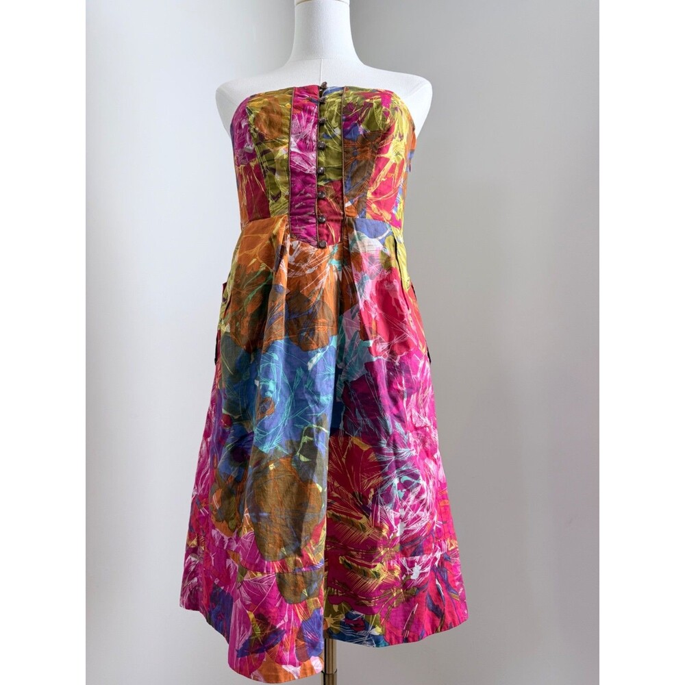 Anthropologie  Moulinette Soeurs Buttoned Watercolor Dress 4 Strapless Sundress